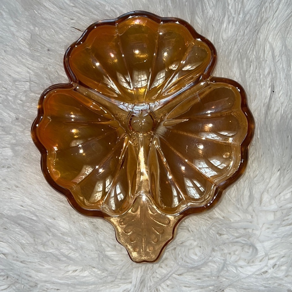 JEANNETTE GLASS - DORIC IRIDESCENT (MARIGOLD) PATTERN - THREE PART CANDY Dish